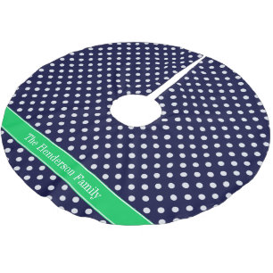 Navy Blue Wt Polka Dot Emerald Green Name Monogram Brushed Polyester Tree Skirt