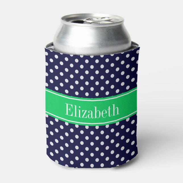 Navy Blue Wt Polka Dot Emerald Green Name Monogram Can Cooler (Can Front)