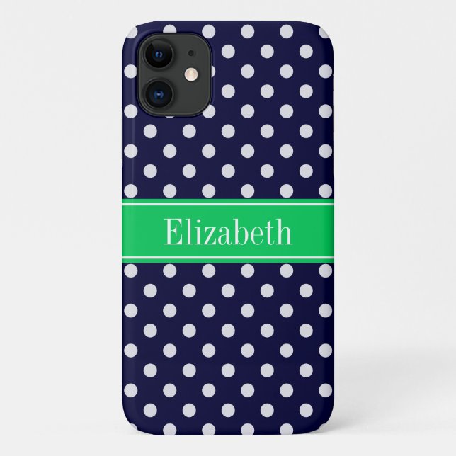 Navy Blue Wt Polka Dot Emerald Green Name Monogram Case-Mate iPhone Case (Back)