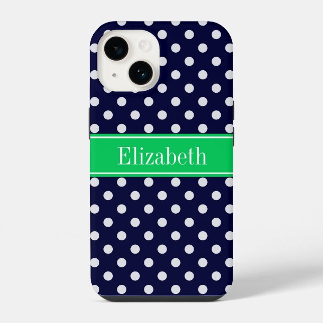 Navy Blue Wt Polka Dot Emerald Green Name Monogram iPhone Case (Back)