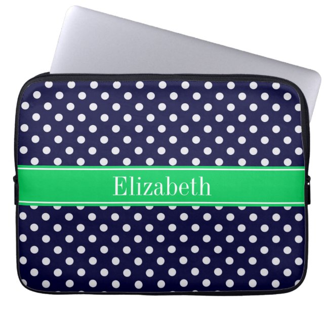 Navy Blue Wt Polka Dot Emerald Green Name Monogram Laptop Sleeve (Front)