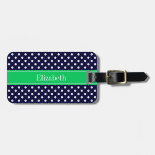 Navy Blue Wt Polka Dot Emerald Green Name Monogram Luggage Tag