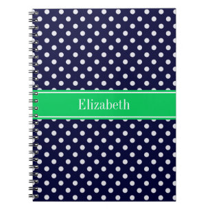 Navy Blue Wt Polka Dot Emerald Green Name Monogram Notebook