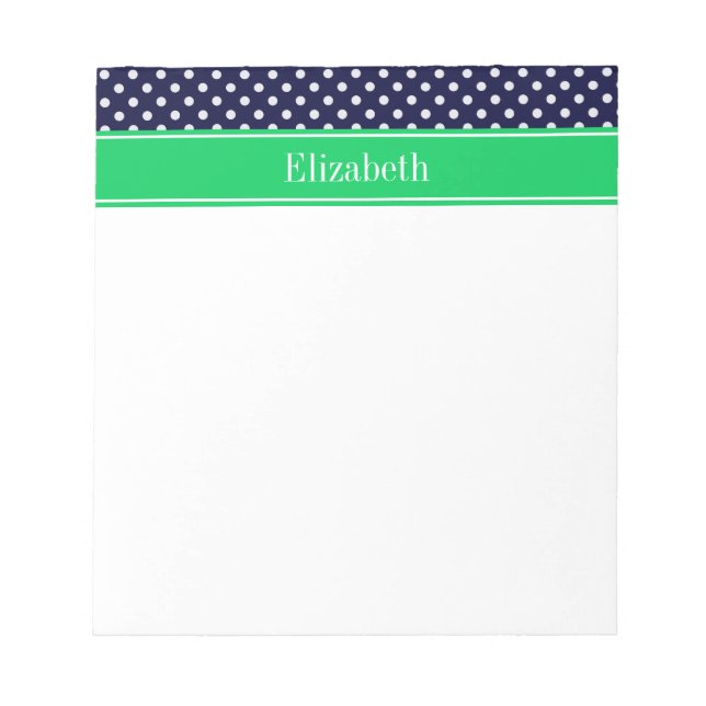 Navy Blue Wt Polka Dot Emerald Green Name Monogram Notepad (Front)