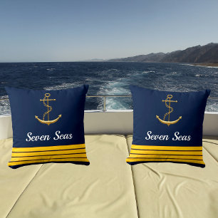 Navy blue yacht boat gold anchor captain stripes cushion