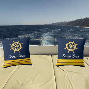 Navy blue yacht boat gold steering wheel stripes cushion