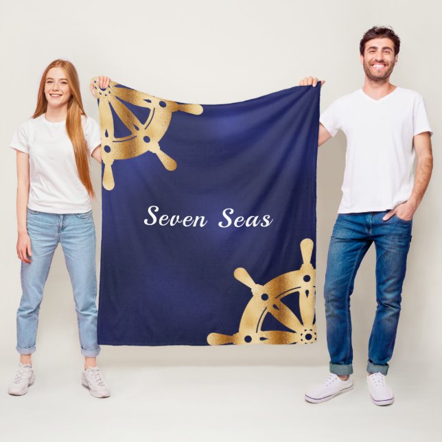 Navy blue yacht boat name gold steering wheel fleece blanket (In Situ)
