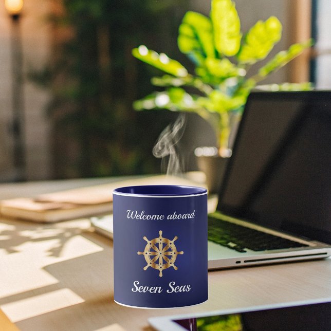 Navy blue yacht boat name gold steering wheel mug (Creator Uploaded)