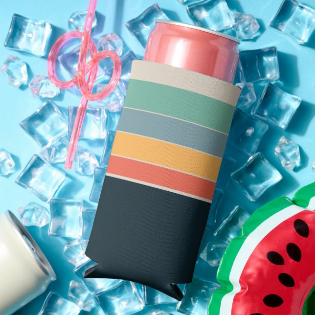 Navy blue yellow and pink 80s vintage stripes seltzer can cooler (In Situ Summer)