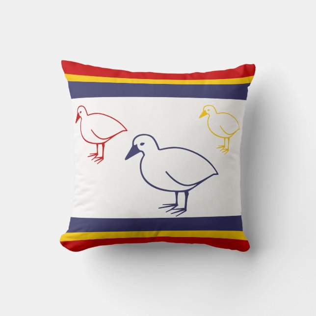 navy blue, yellow, and red Ducks on white Cushion (Front)