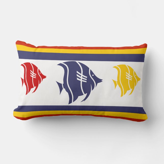 navy blue, yellow, and red fish on white lumbar cushion (Front)
