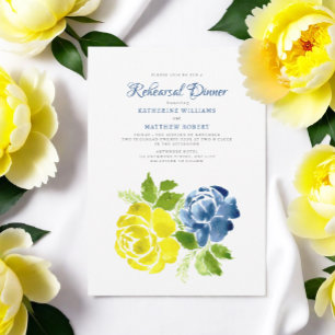 Navy Blue Yellow Boho Floral Summer  Invitation