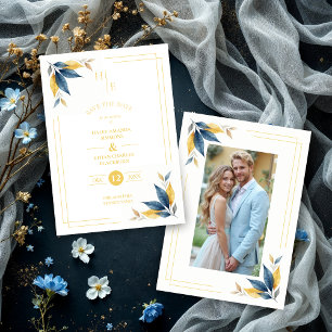 Navy Blue & Yellow Botanical Leaves Corner Photo Save The Date