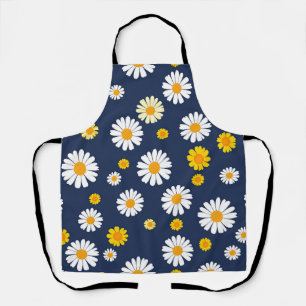 Navy Blue Yellow Daisy Floral Simple Retro Pattern Apron