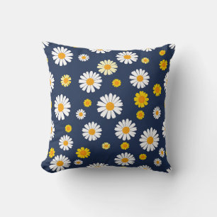 Navy Blue Yellow Daisy Floral Simple Retro Pattern Cushion