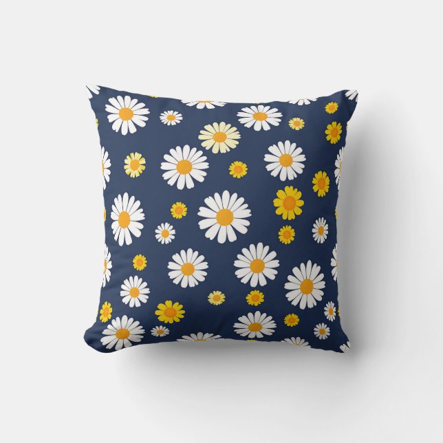 Navy Blue Yellow Daisy Floral Simple Retro Pattern Cushion (Front)