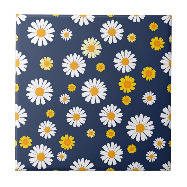Navy Blue Yellow Daisy Floral Simple Retro Pattern Tile (Front)