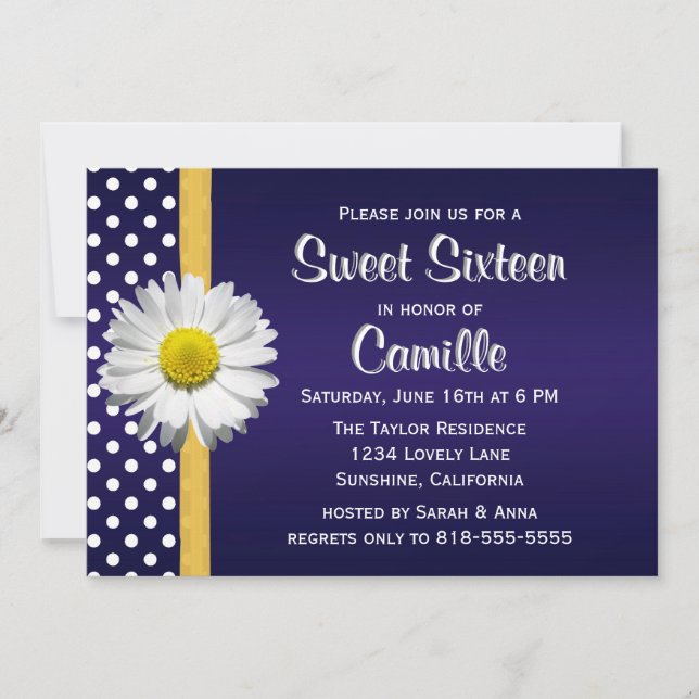 Navy Blue Yellow Daisy Sweet Sixteen Invitation (Front)