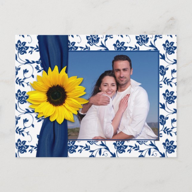 Navy Blue Yellow Damask Sunflower Save the Date Announcement Postcard (Front)