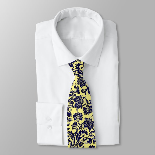 Navy-Blue & Yellow Floral Damasks Tie (Tied)