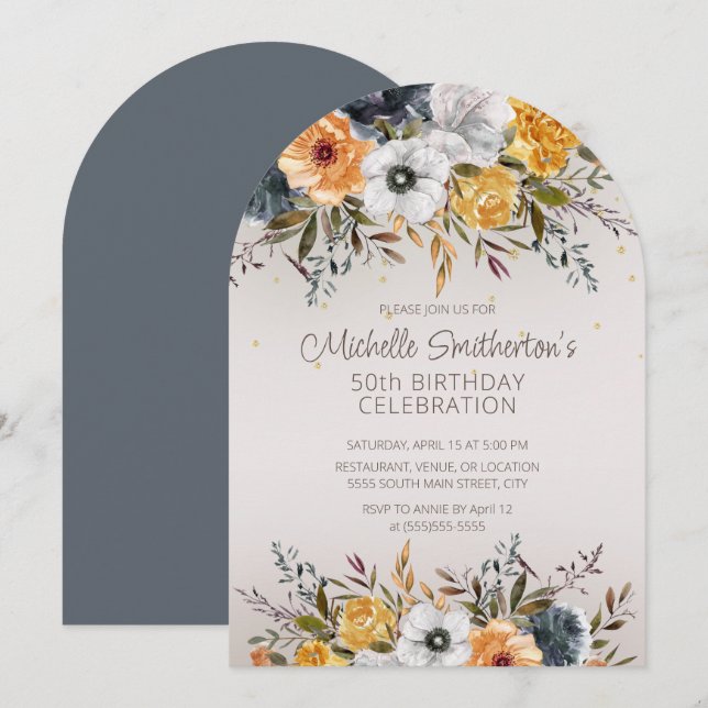 Navy Blue Yellow Floral Glitter 50th Birthday Invitation (Front/Back)