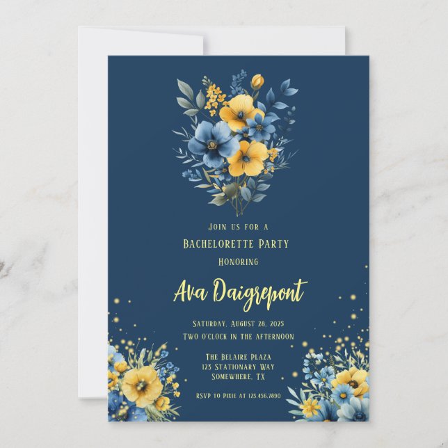 Navy Blue Yellow Floral Gold Bachelorette Party Invitation (Front)