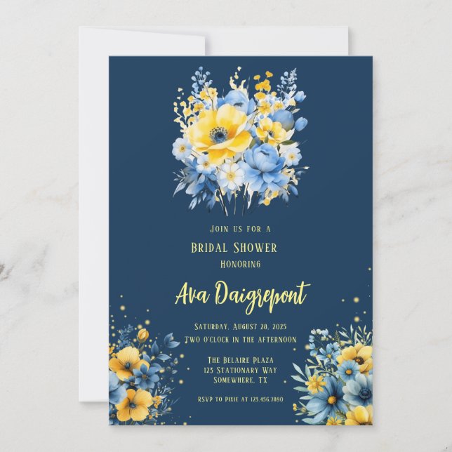 Navy Blue Yellow Floral Gold Bridal Shower Invitation (Front)