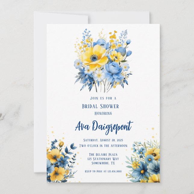 Navy Blue Yellow Floral Gold Bridal Shower Invitation (Front)