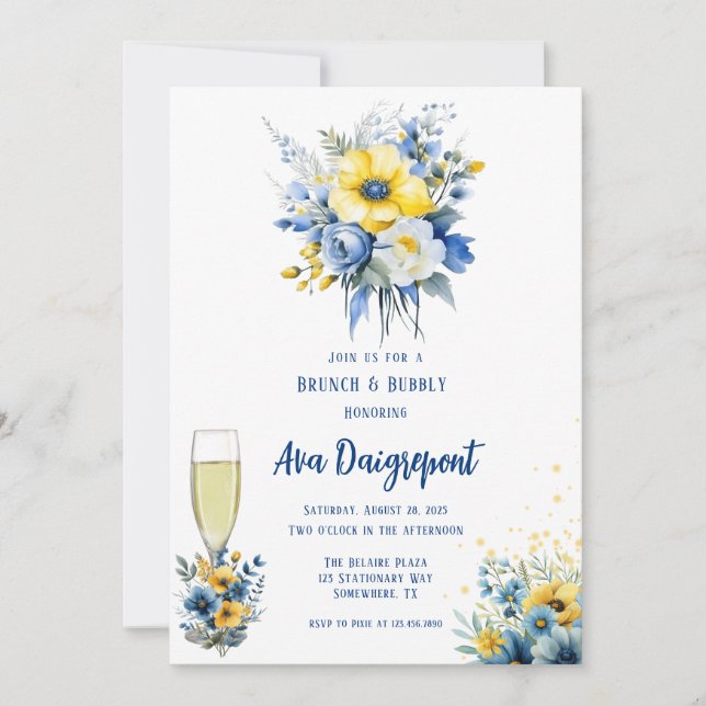 Navy Blue Yellow Floral Gold Brunch & Bubbly Invitation (Front)
