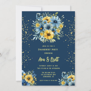 Navy Blue Yellow Floral Gold Engagement Party Invitation