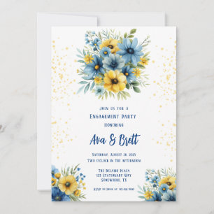 Navy Blue Yellow Floral Gold Engagement Party Invitation
