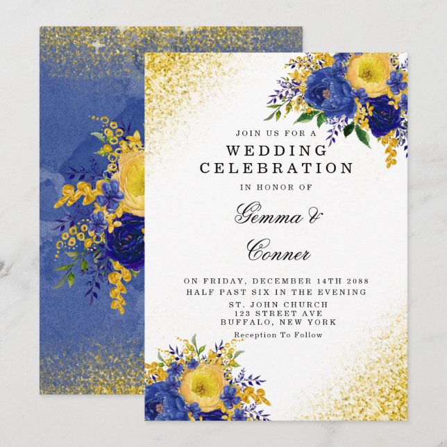 Navy Blue Yellow Floral Gold Glitter Wedding Invitation (Front/Back)
