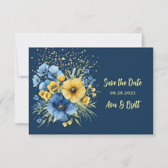 Navy Blue & Yellow Floral Gold Save The Date Cards (Front)
