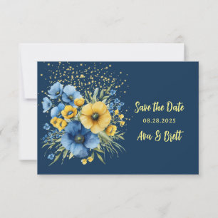 Navy Blue & Yellow Floral Gold Save The Date Cards
