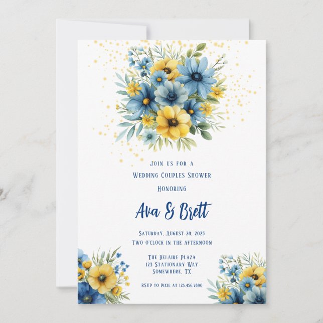 Navy Blue Yellow Floral Gold Wedding Couple Shower Invitation (Front)