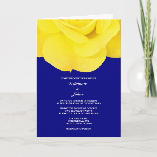 Navy Blue Yellow Floral Rose Spring Summer Wedding Invitation (Front)