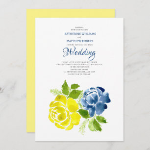 Navy Blue Yellow floral Summer Wedding Invitation