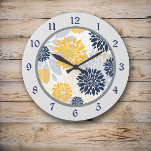 Navy Blue Yellow Flower Graphic Large Clock