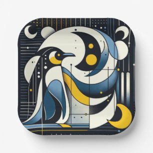 Navy Blue Yellow Geometric Abstract Penguin Art Paper Plate