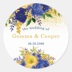 Navy Blue Yellow Gold Paint Floral Wedding Classic Round Sticker
