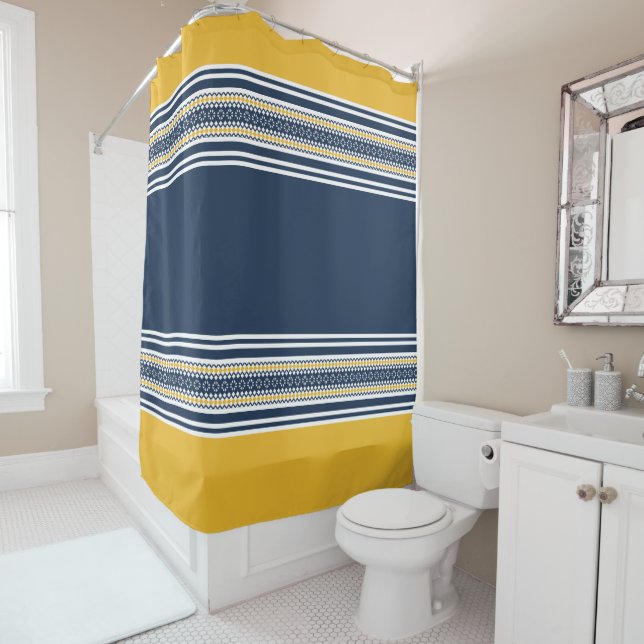 Navy Blue Yellow Gold White Patterned Stripes  Shower Curtain (In Situ)