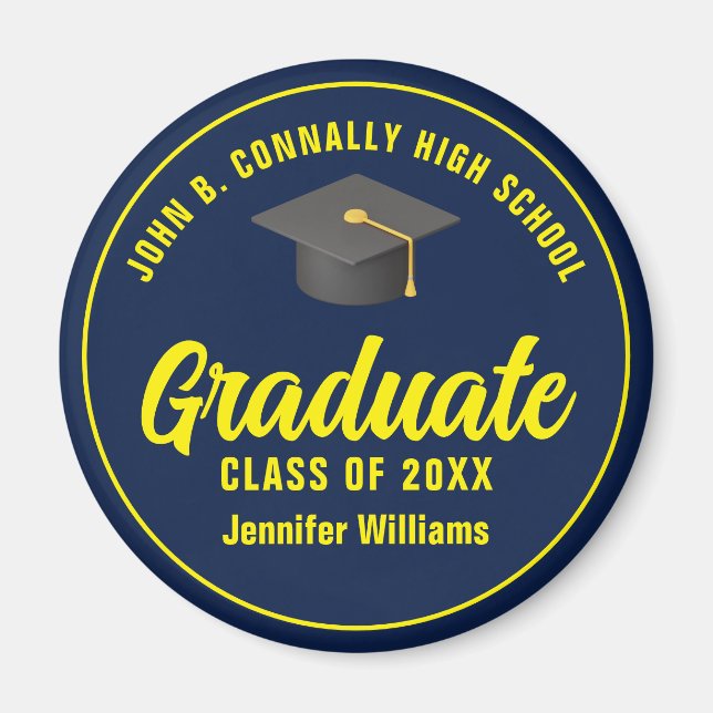 Navy Blue Yellow Graduate Custom Graduation Party Magnet (Front)