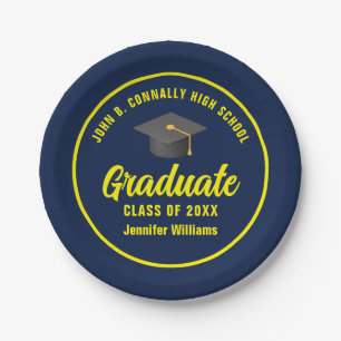 Navy Blue Yellow Graduate Custom Graduation Party Paper Plate