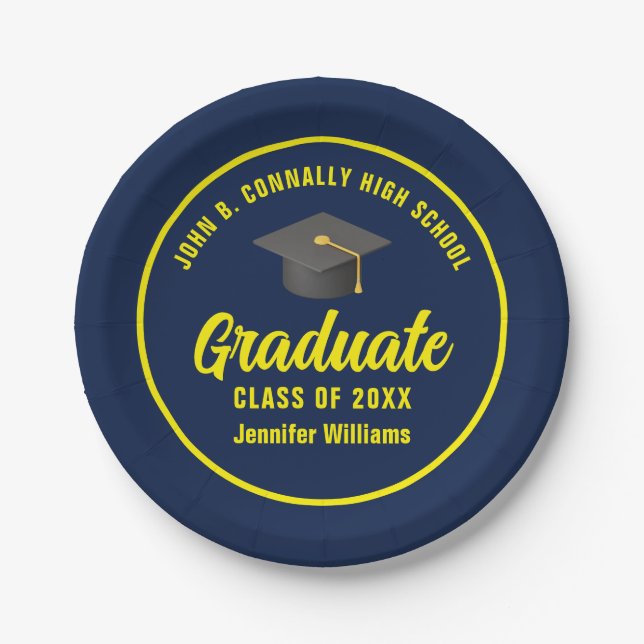 Navy Blue Yellow Graduate Custom Graduation Party Paper Plate (Front)