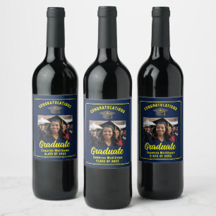 Navy Blue Yellow Graduate Photo Graduation Party Wine Label