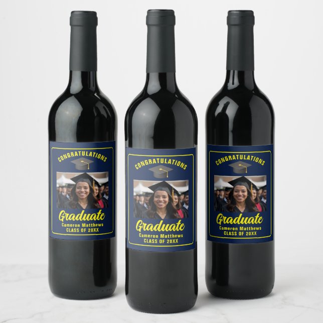 Navy Blue Yellow Graduate Photo Graduation Party Wine Label (Bottles)