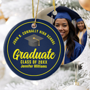 Navy Blue Yellow Graduation Custom Graduate Photo Ceramic Tree Decoration