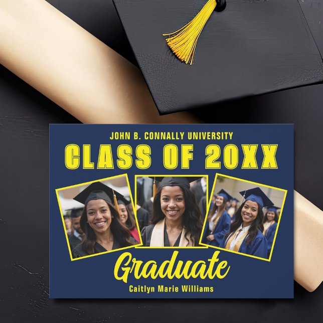 Navy Blue Yellow Graduation Photo Collage Graduate Announcement (Creator Uploaded)