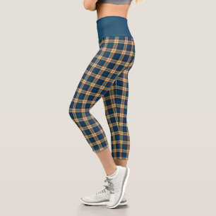 Navy Blue Yellow Madras Plaid Pattern Capri Leggings