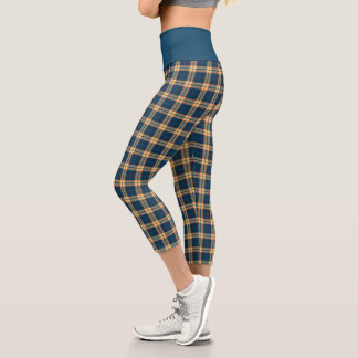 Navy Blue Yellow Madras Plaid Pattern Capri Leggings